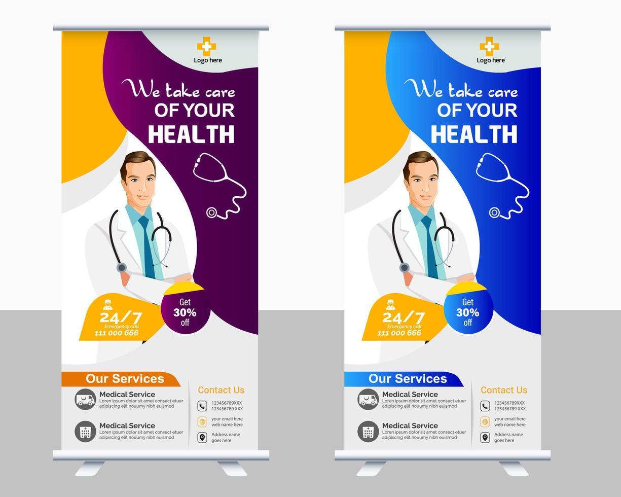 médical roll up banner vector template design ou poll up standee pour l'hôpital de soins de santé. bannière de conception de roll up et de voyageur debout de soins de santé et médicaux.