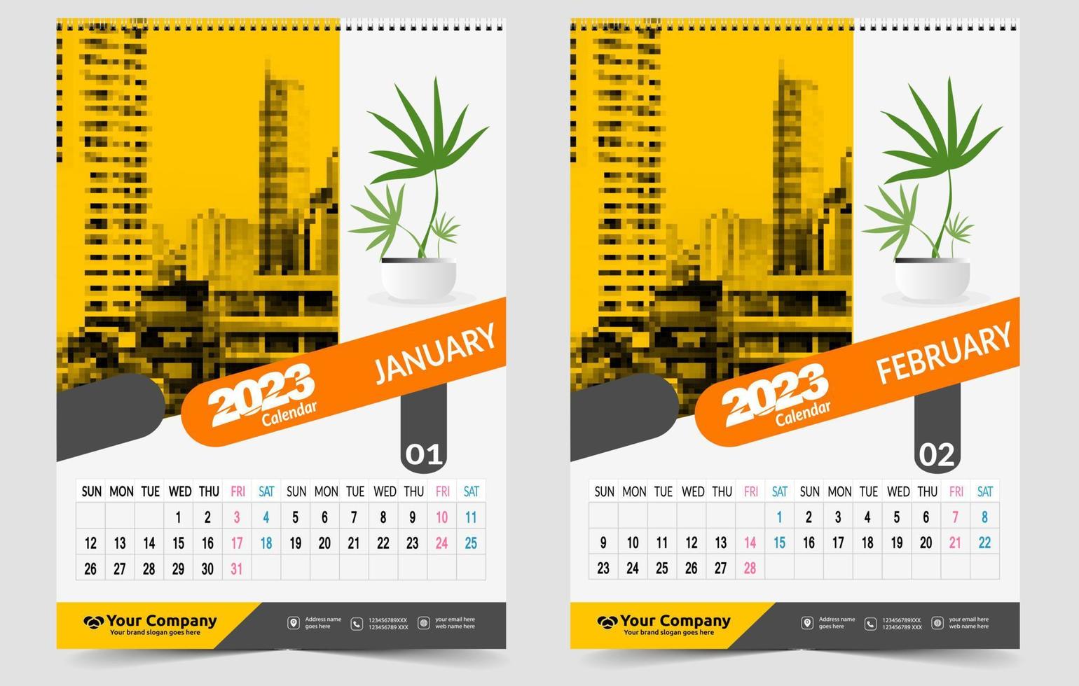 conception créative du calendrier mural 2023, disposition de la date verticale mensuelle simple pour l'année 2023 en anglais. Modèles de calendrier de 12 mois, conception de calendrier moderne du nouvel an. calendrier d'entreprise ou d'entreprise. vecteur