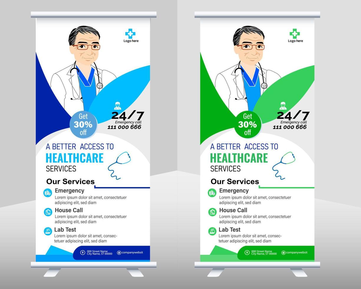 médical roll up banner vector template design ou poll up standee pour l'hôpital de soins de santé. bannière de conception de roll up et de voyageur debout de soins de santé et médicaux.