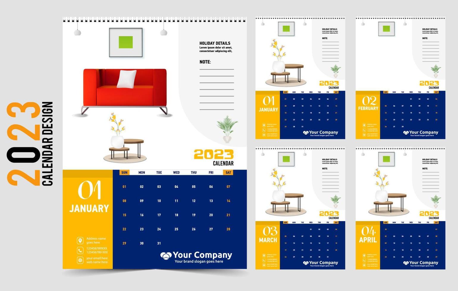 conception créative du calendrier mural 2023, disposition de la date verticale mensuelle simple pour l'année 2023 en anglais. Modèles de calendrier de 12 mois, conception de calendrier moderne du nouvel an. calendrier d'entreprise ou d'entreprise. vecteur