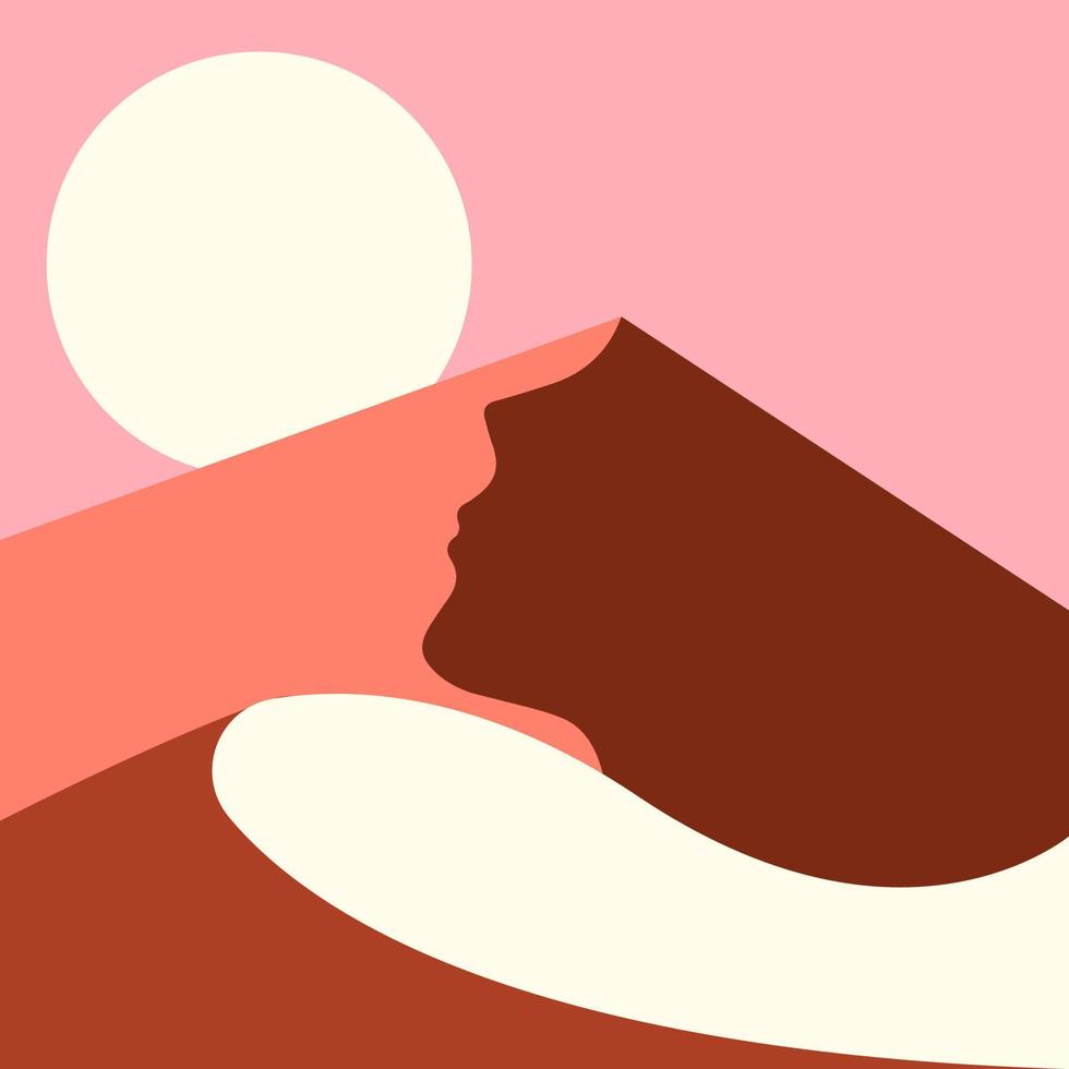 icône abstraite plate, autocollant, bouton avec désert en forme de visage humain, soleil, cactus. vecteur