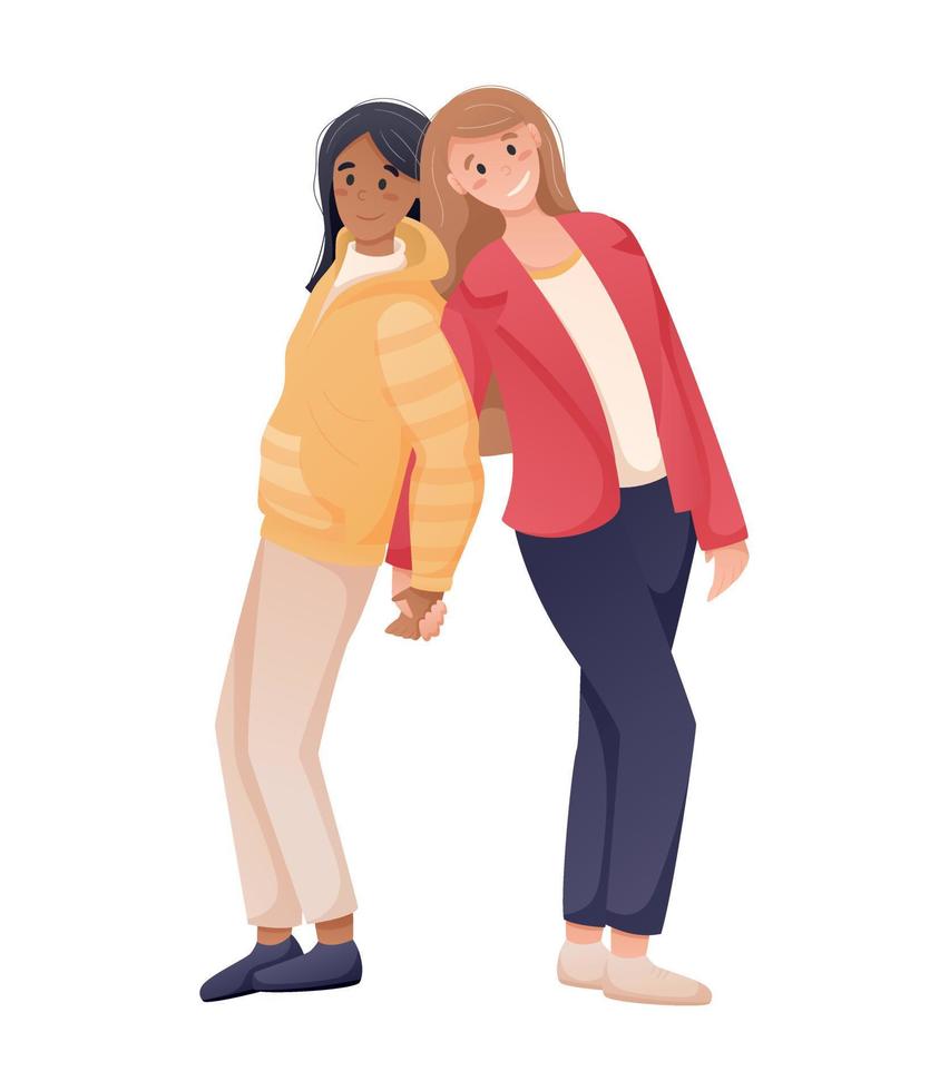 illustration vectorielle, deux amies ou un couple de filles lesbiennes sont debout. vecteur