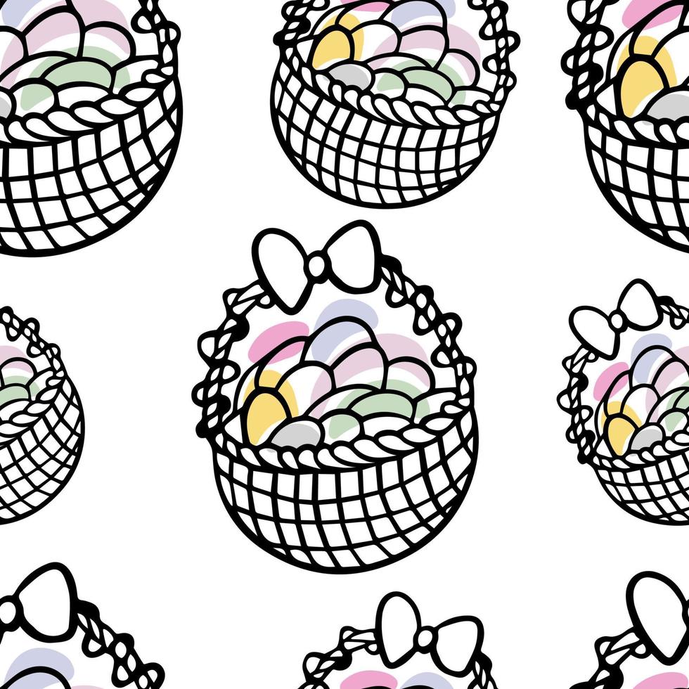 motif sans couture doodle oeufs colorés dans un panier vecteur