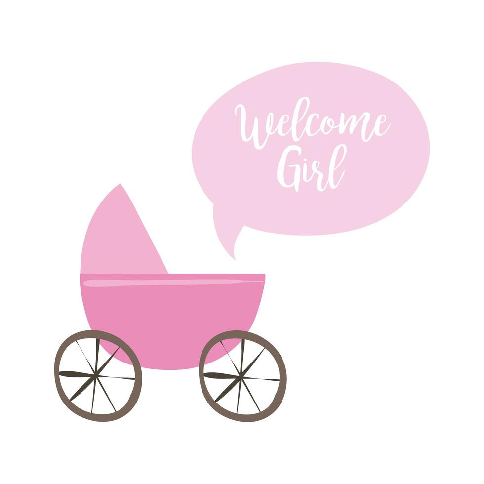 carte de douche de bébé avec chariot et lettrage de fille de bienvenue, style de tirage à la main vecteur