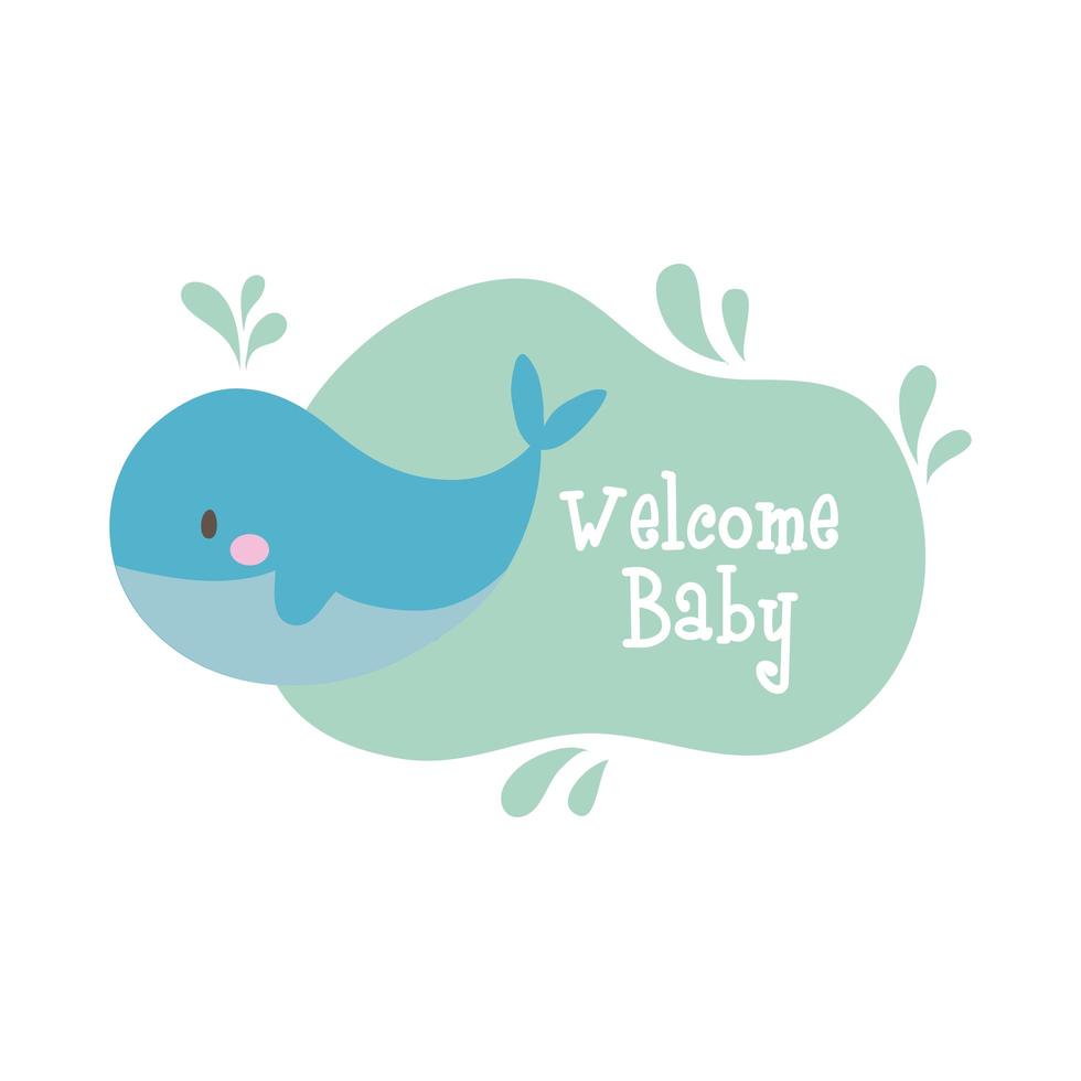 carte de douche de bébé avec baleine et lettrage de bébé de bienvenue, style de tirage à la main vecteur