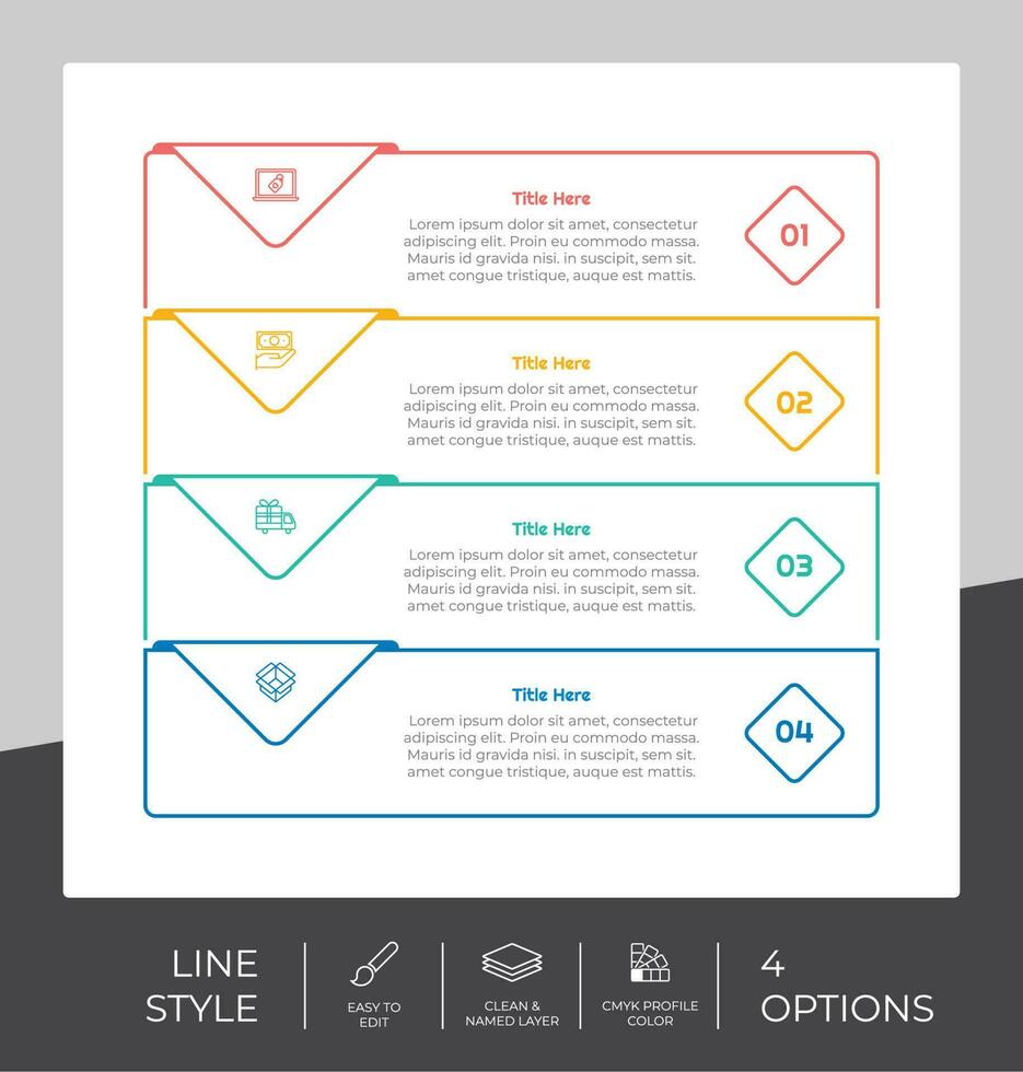 conception vectorielle infographique carrée de flux de travail avec 4 options et conception de ligne. l'infographie d'option peut être utilisée pour la présentation, le rapport annuel, l'objectif commercial. vecteur