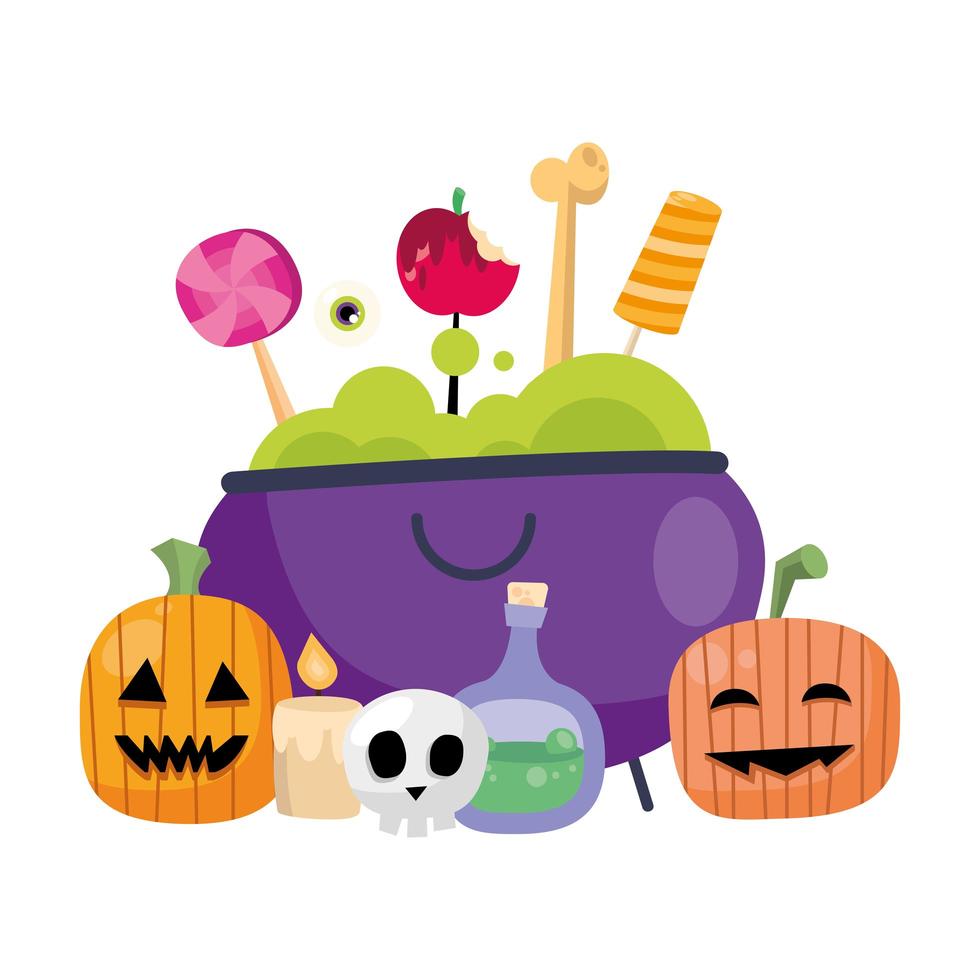 dessins animés de citrouilles halloween et bonbons dans la conception de vecteur de bol de sorcière