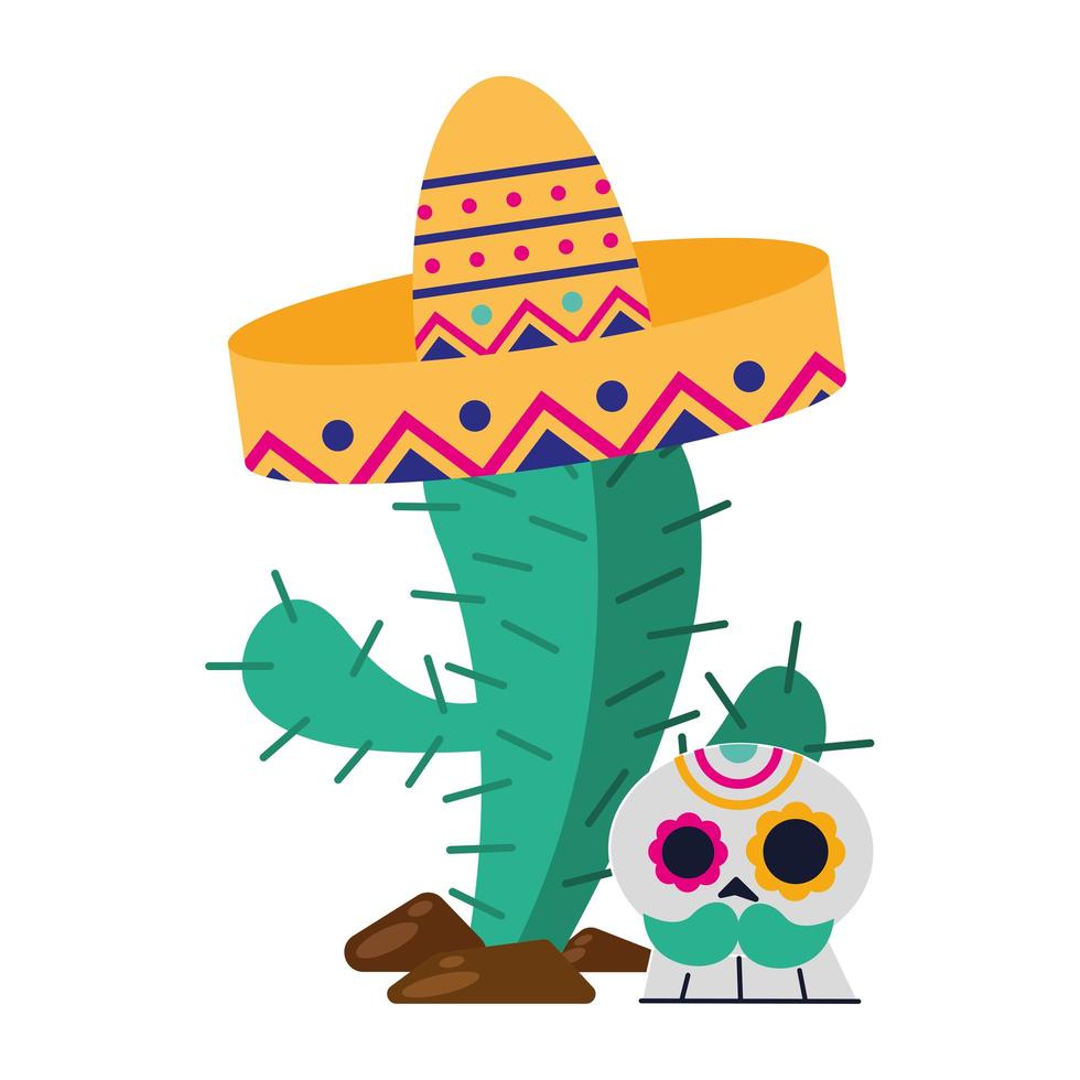 cactus mexicain avec chapeau et crâne vector design