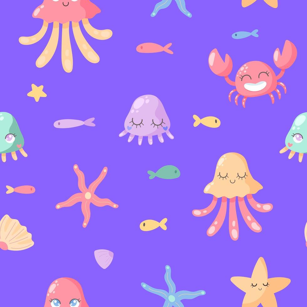 modèle sans couture dessiné à la main avec crabe, étoiles de mer, méduses et poissons. image vectorielle pour enfants papier tissu textile numérique vecteur