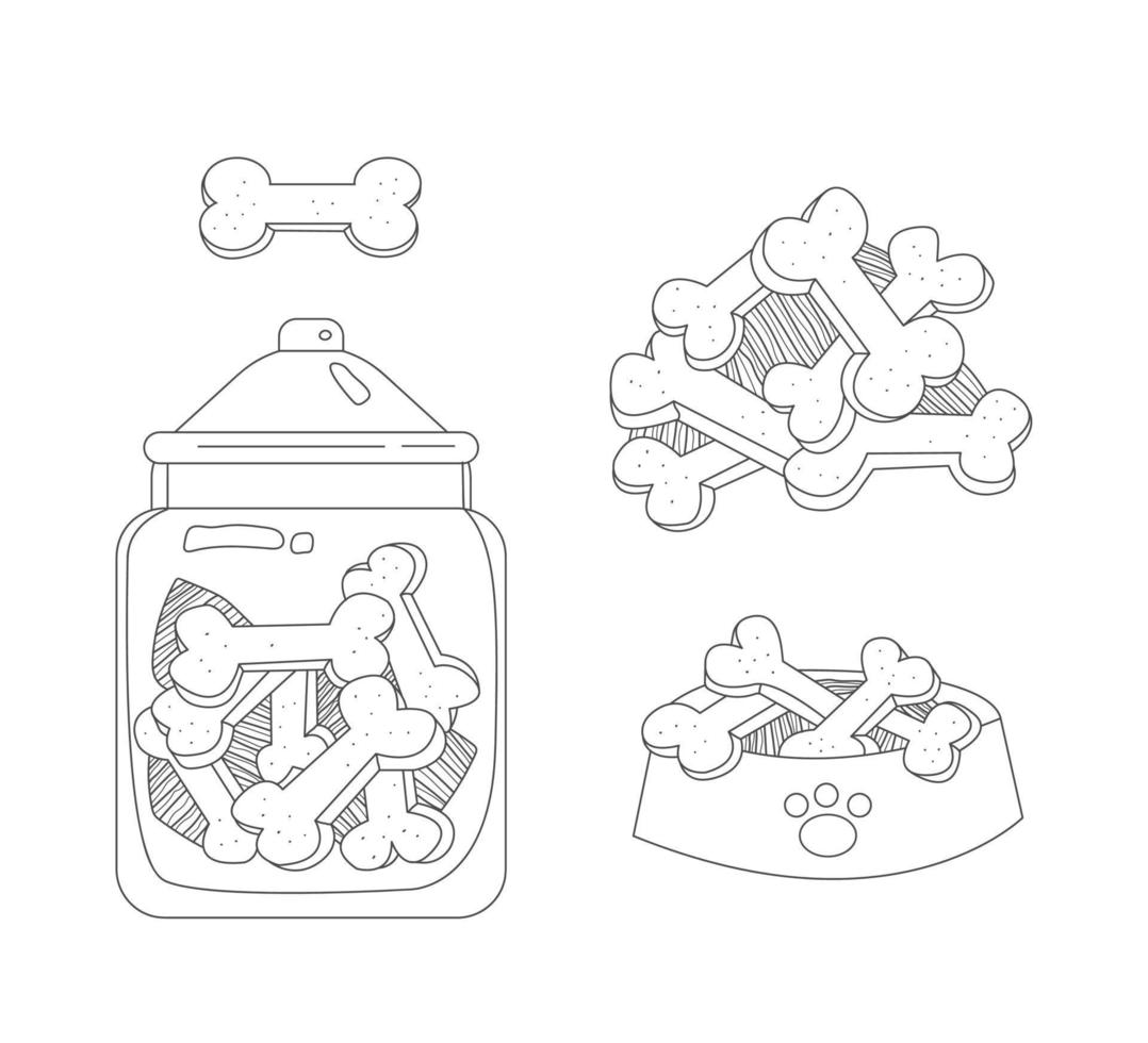 ensemble de nourriture pour chien et traite les os dans un bocal et un bol sur fond isolé. style de ligne vecteur