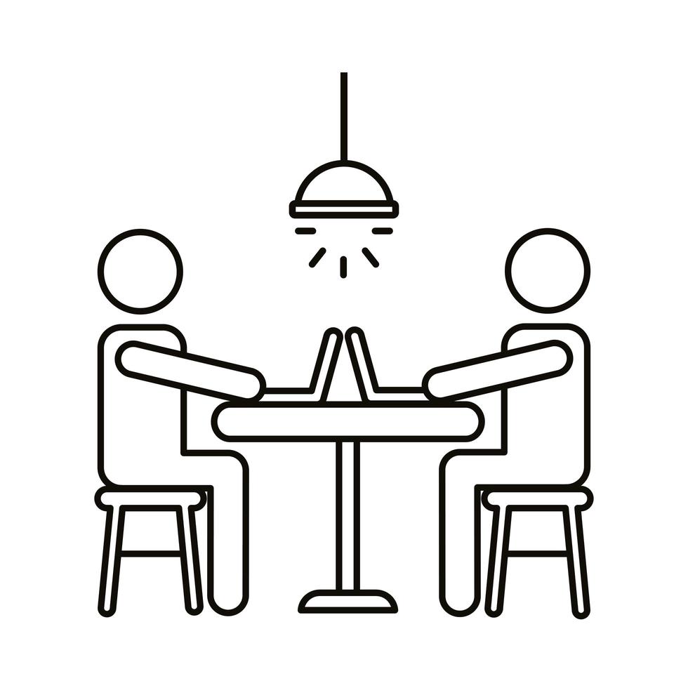 avatar couple coworking sur ordinateurs portables assis à l'icône de style de ligne de bureau vecteur