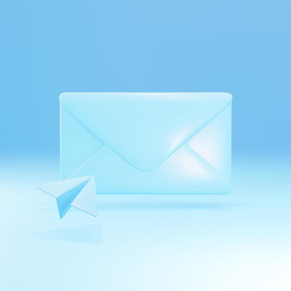 Icône d'enveloppe de courrier bleu 3d avec avion en papier isolé sur fond bleu. illustration vectorielle. vecteur