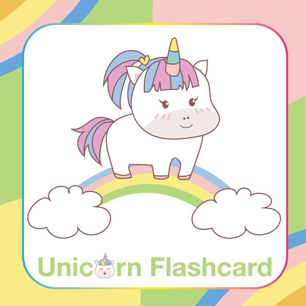 jolie carte flash de licorne pour les enfants. prêt à imprimer. carte de jeu imprimable. carte éducative pour le préscolaire. illustration vectorielle. vecteur