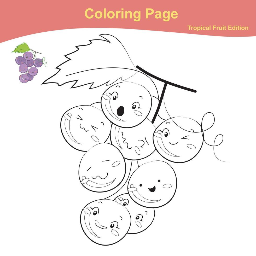 page de feuille de calcul de coloriage de fruits. page de feuille de calcul de fruits mignons à colorier. feuille de travail éducative à colorier imprimable. illustration vectorielle en style cartoon. vecteur