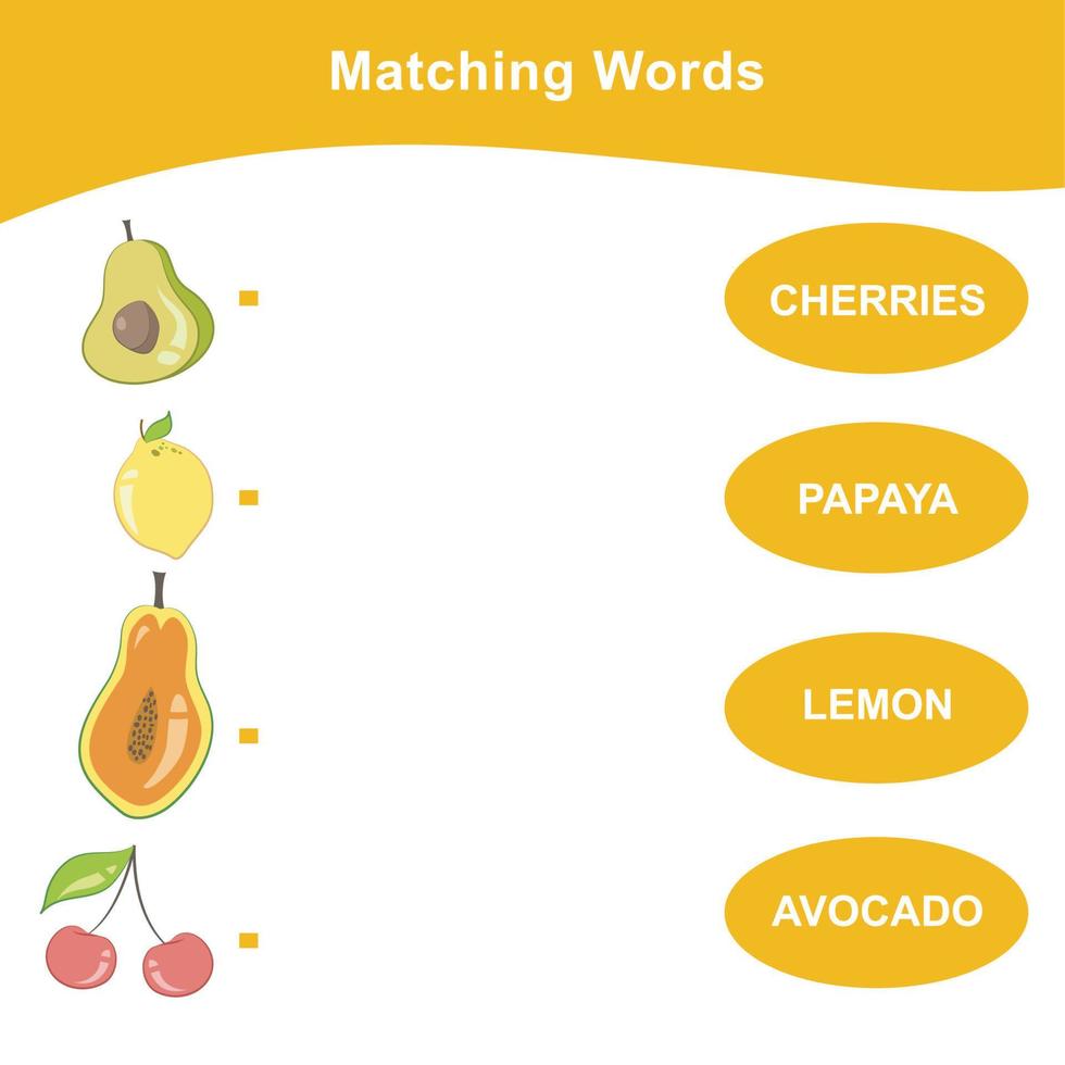 fruits assortis pour le préscolaire. feuille de travail sur les fruits tropicaux. activité éducative pour les enfants d'âge préscolaire. matériel d'éducation préscolaire. illustration vectorielle. vecteur