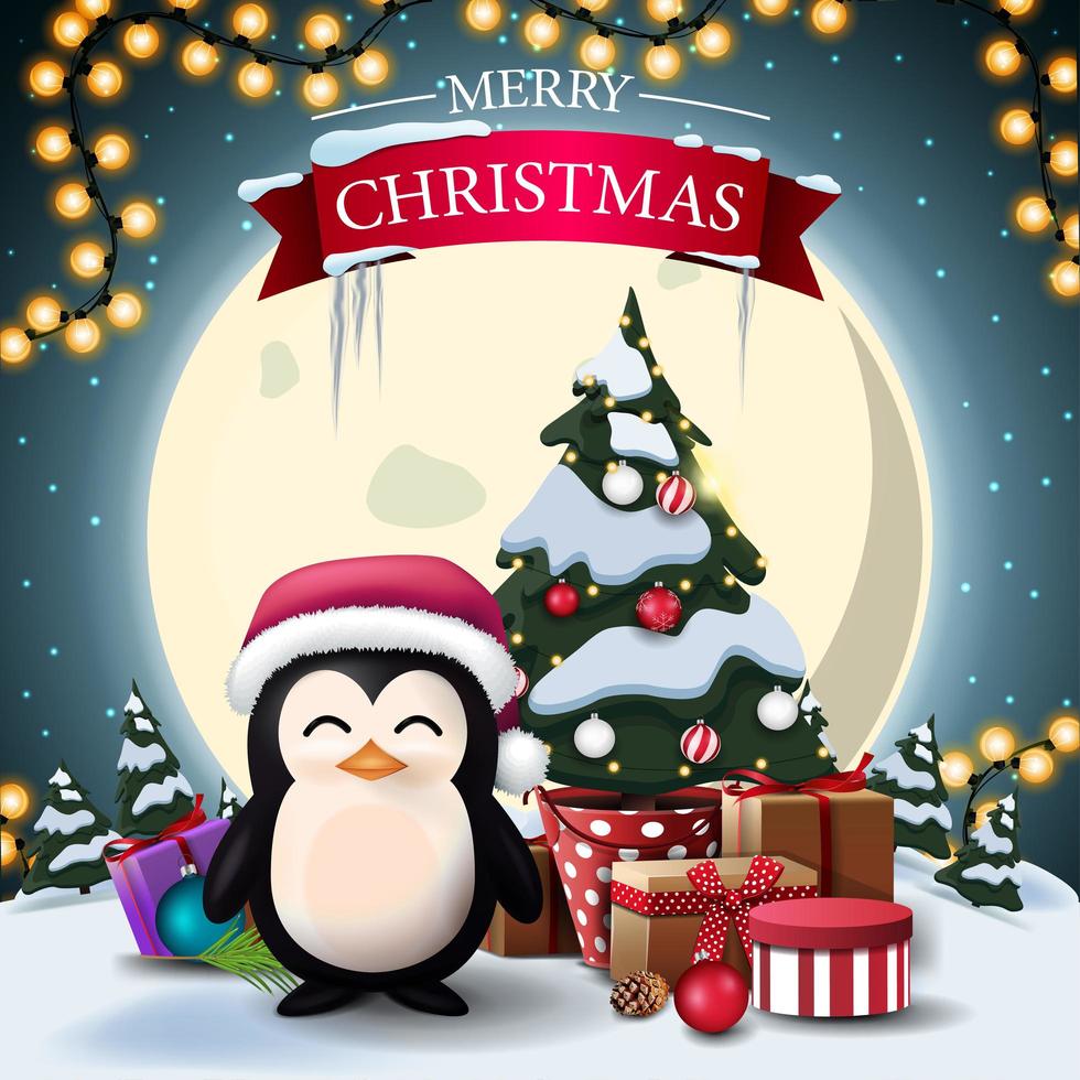 Joyeux Noël, carte postale carrée avec paysage d'hiver, grande lune jaune, pingouin en chapeau de père Noël et arbre de Noël dans un pot avec des cadeaux vecteur