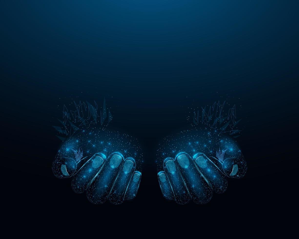 deux mains humaines tiennent le cœur. coeur low poly lumineux filaire. conception sur fond bleu foncé. illustration vectorielle futuriste abstraite. vecteur