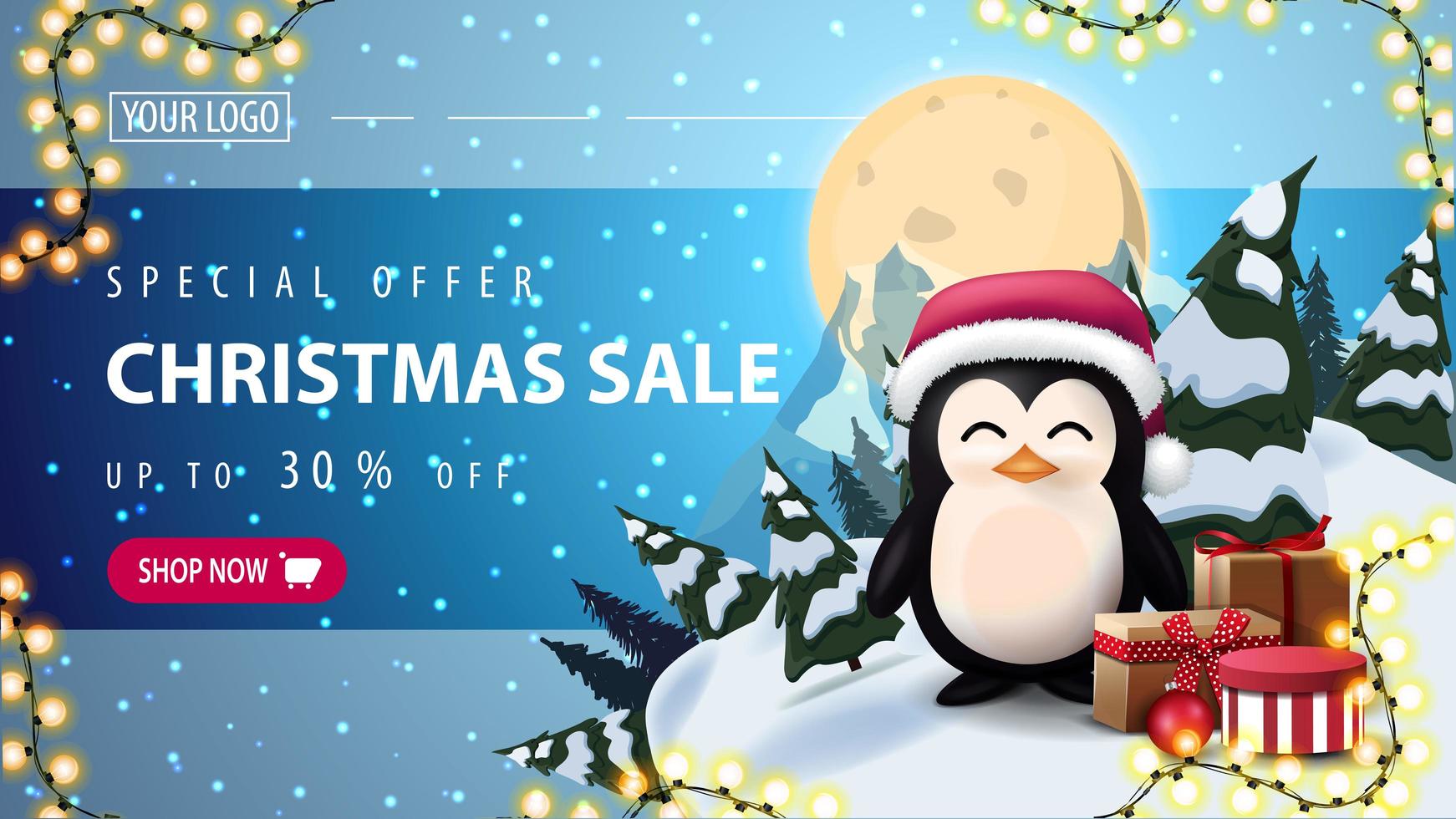 offre spéciale, vente de noël, jusqu'à 30 de réduction, bannière Web de réduction horizontale avec ciel étoilé, pleine lune, montagne et pingouin en chapeau de père Noël avec des cadeaux vecteur