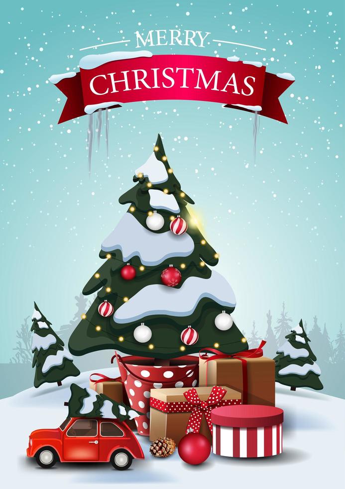 joyeux noël, carte postale verticale avec des épicéas de dessin animé, dérives, ciel bleu, arbre de Noël dans un pot avec des cadeaux et une voiture vintage rouge transportant l'arbre de Noël vecteur