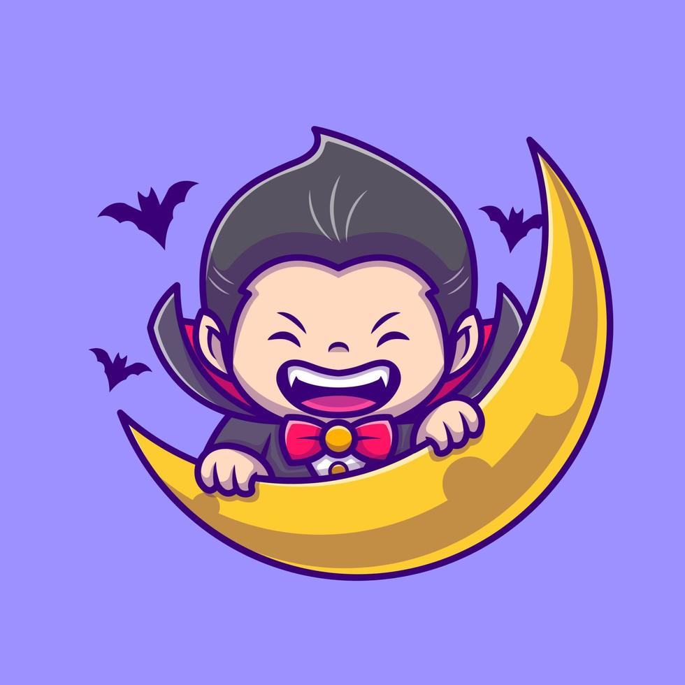 mignon dracula avec illustration d'icône de vecteur de dessin animé lune et chauve-souris. concept d'icône de vacances de personnes isolé vecteur premium. style de dessin animé plat