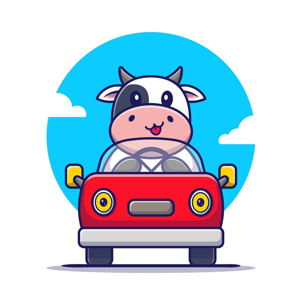 illustration d'icône vectorielle de dessin animé de voiture de conduite de vache mignonne. concept d'icône de transport d'animaux isolé vecteur premium. style de dessin animé plat