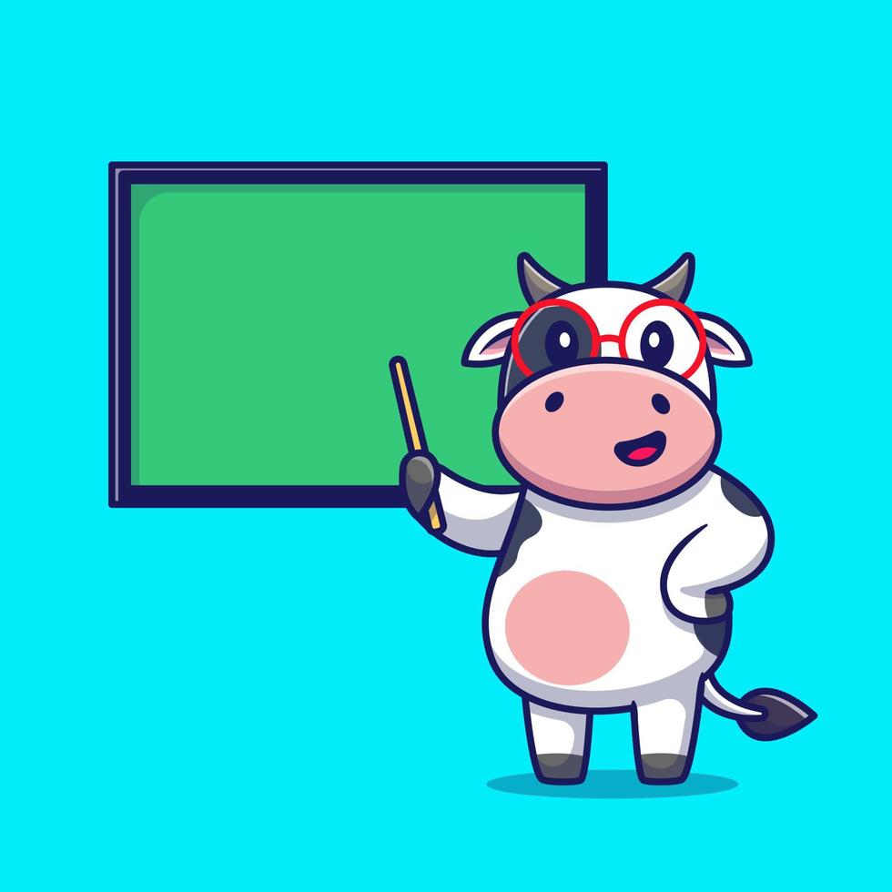 vache mignonne enseignant avec illustration d'icône de vecteur de dessin animé de planche. concept d'icône d'éducation animale isolé vecteur premium. style de dessin animé plat