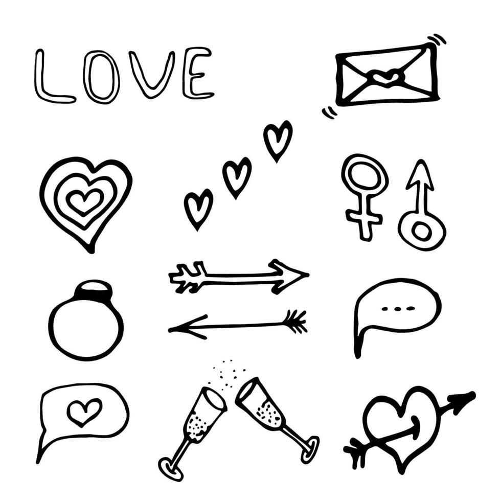 ensemble d'éléments de doodle de la saint-valentin. illustration vectorielle romantique dessinée à la main. éléments de design vecteur