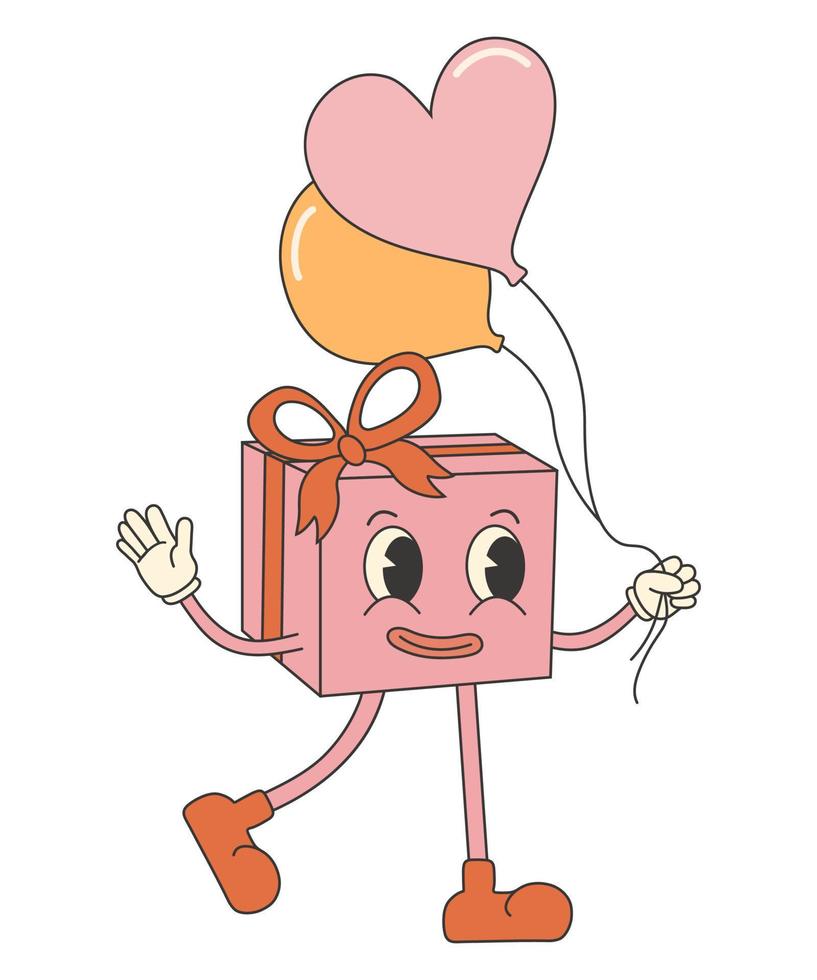 autocollant rétro groovy saint valentin. coffret cadeau personnage mignon et drôle avec des ballons. Esthétique des dessins animés des années 70 et 60 vecteur