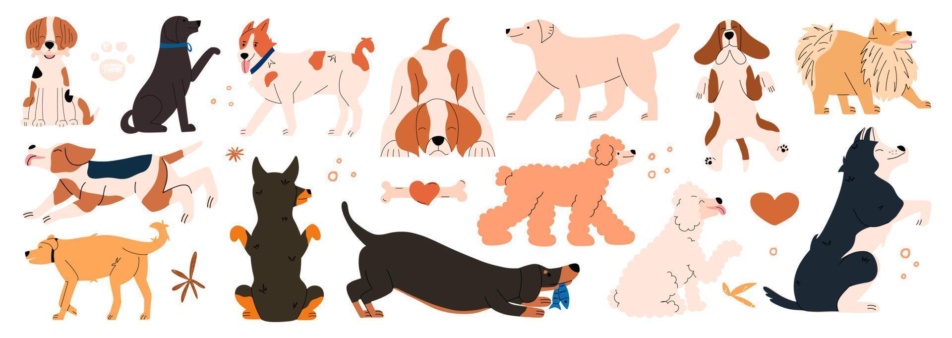 les chiens posent un motif d'émotion. ensemble de différentes races d'animaux mignons. ensemble de différentes races d'animaux mignons. collection de portraits amusants de personnages actifs. illustration vectorielle dans un style plat vecteur