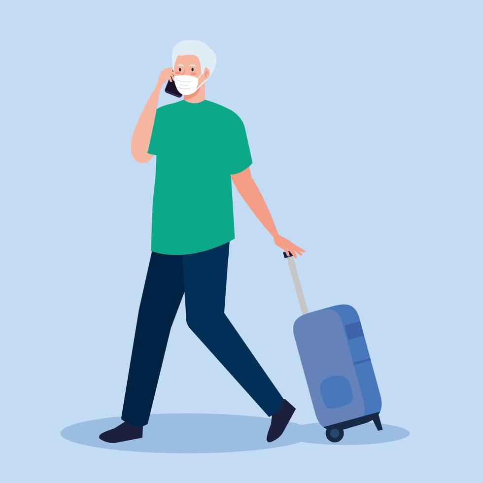 vieil homme avec smartphone masque médical et conception de vecteur de sac