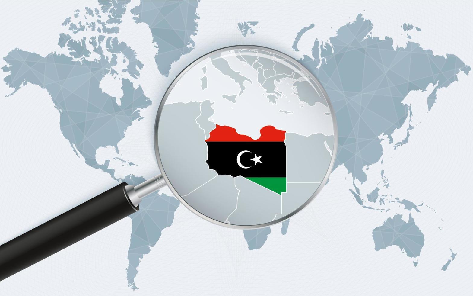 carte du monde avec une loupe pointant vers la libye. carte de la libye avec le drapeau dans la boucle. vecteur