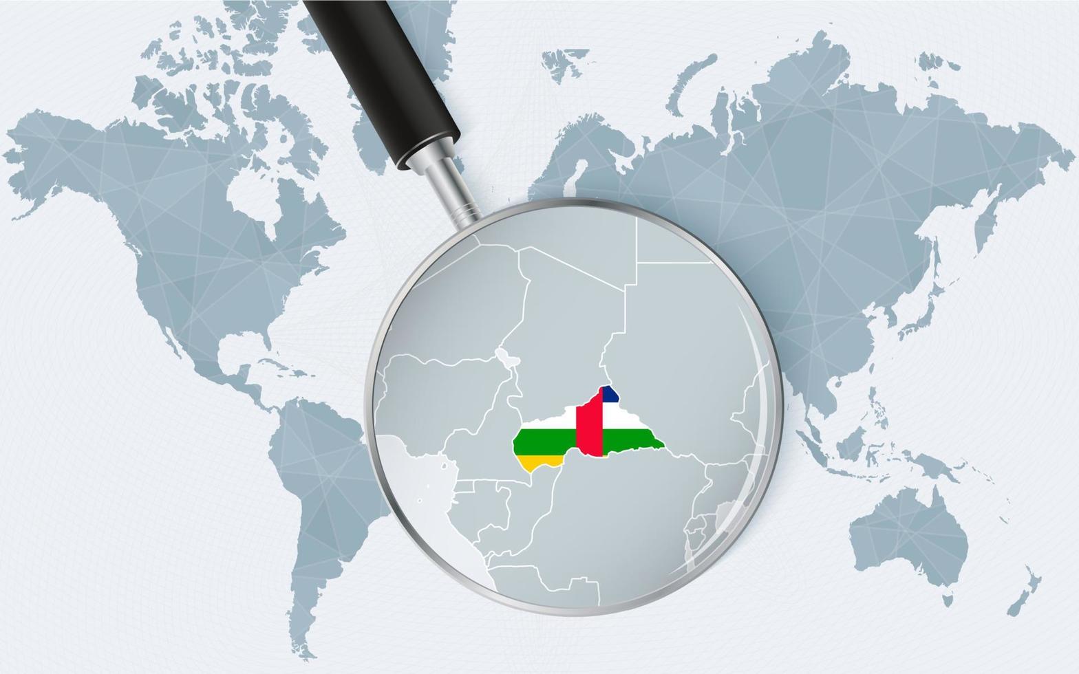 carte du monde avec une loupe pointant vers la république centrafricaine. carte de la république centrafricaine avec le drapeau dans la boucle. vecteur