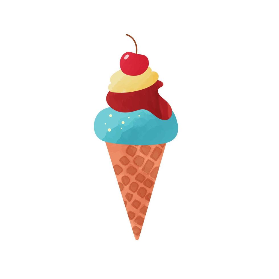 crème glacée en cornet gaufré avec cerise sur le dessus. illustration vectorielle plate isolée sur fond blanc vecteur