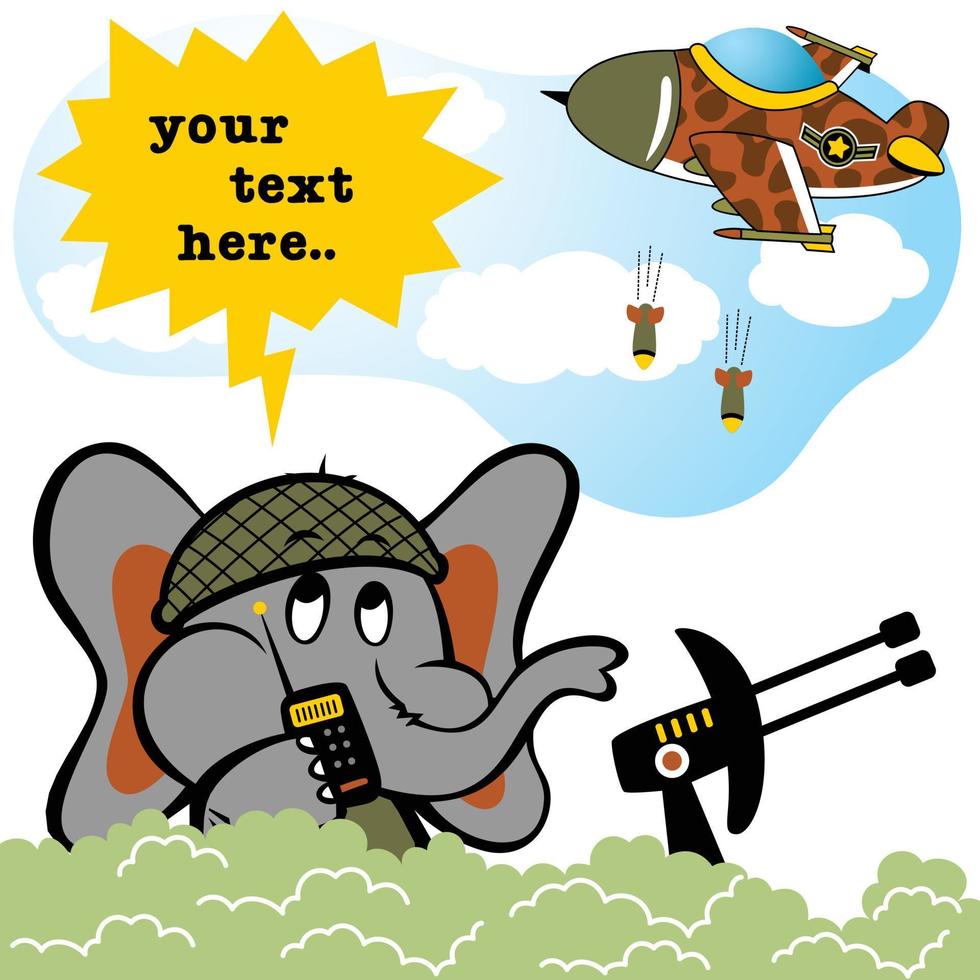 soldat éléphant mignon sur le champ de bataille avec avion de chasse, illustration de dessin animé vectoriel