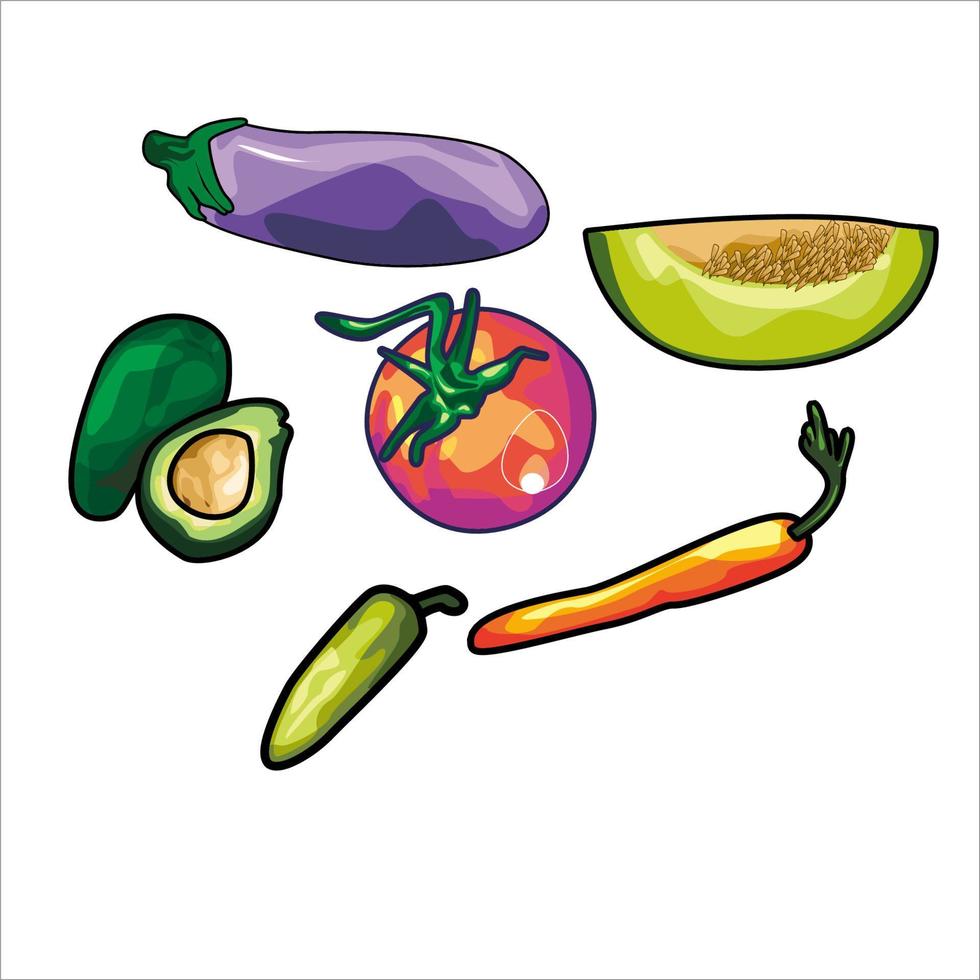 tomates melon carottes poivrons verts et avocat en couleur illustration vectorielle art vecteur