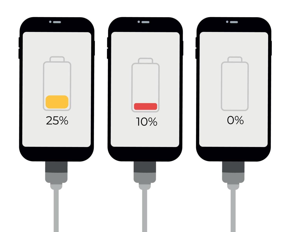 ensemble de smartphones avec indicateur de niveau de batterie et connexion usb. infographie vectorielle. vecteur