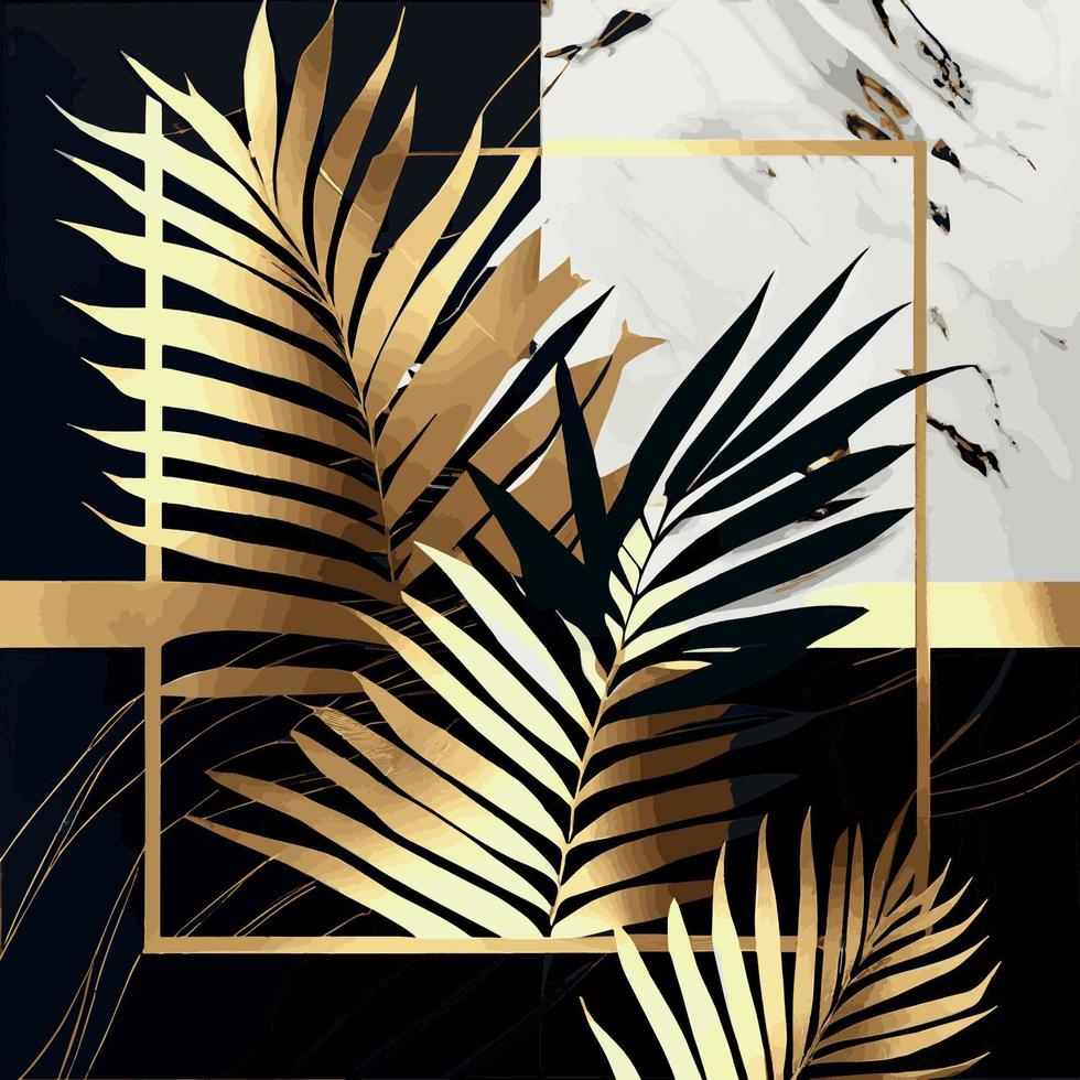 feuilles de palmier doré sur fond de marbre blanc et noir, modèle, carte postale - vecteur