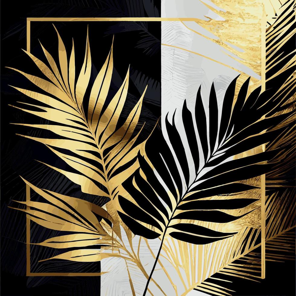 feuilles de palmier doré sur fond de marbre blanc et noir, modèle, carte postale - vecteur