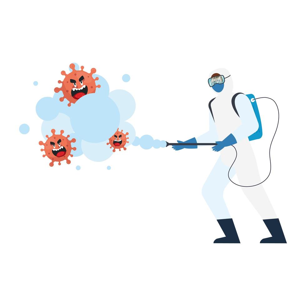 Homme avec combinaison de protection pulvérisant des dessins animés de virus covid 19 vector design