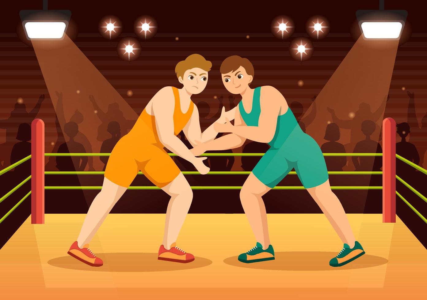 illustration de lutte avec deux combattants compétition de boxe ou sport de championnat sur une arène en dessin animé plat dessiné à la main pour les modèles de page de destination vecteur