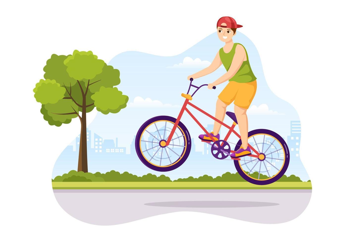 illustration de sport de vélo bmx avec des jeunes faisant du vélo pour une bannière web ou une page de destination dans un modèle de fond de dessin à la main de dessin animé plat vecteur