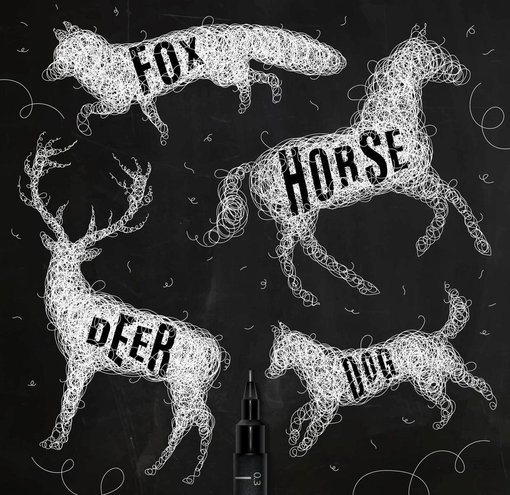 stylo main dessin enchevêtrement animaux sauvages cerf, cheval, renard, chien avec inscription noms d'animaux dessin à l'encre blanche sur fond noir vecteur