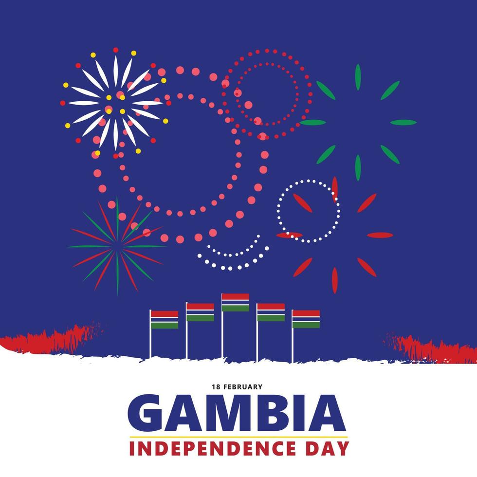 illustration vectorielle de la fête de l'indépendance de la gambie avec drapeaux nationaux et feux d'artifice. jour férié du pays africain. vecteur