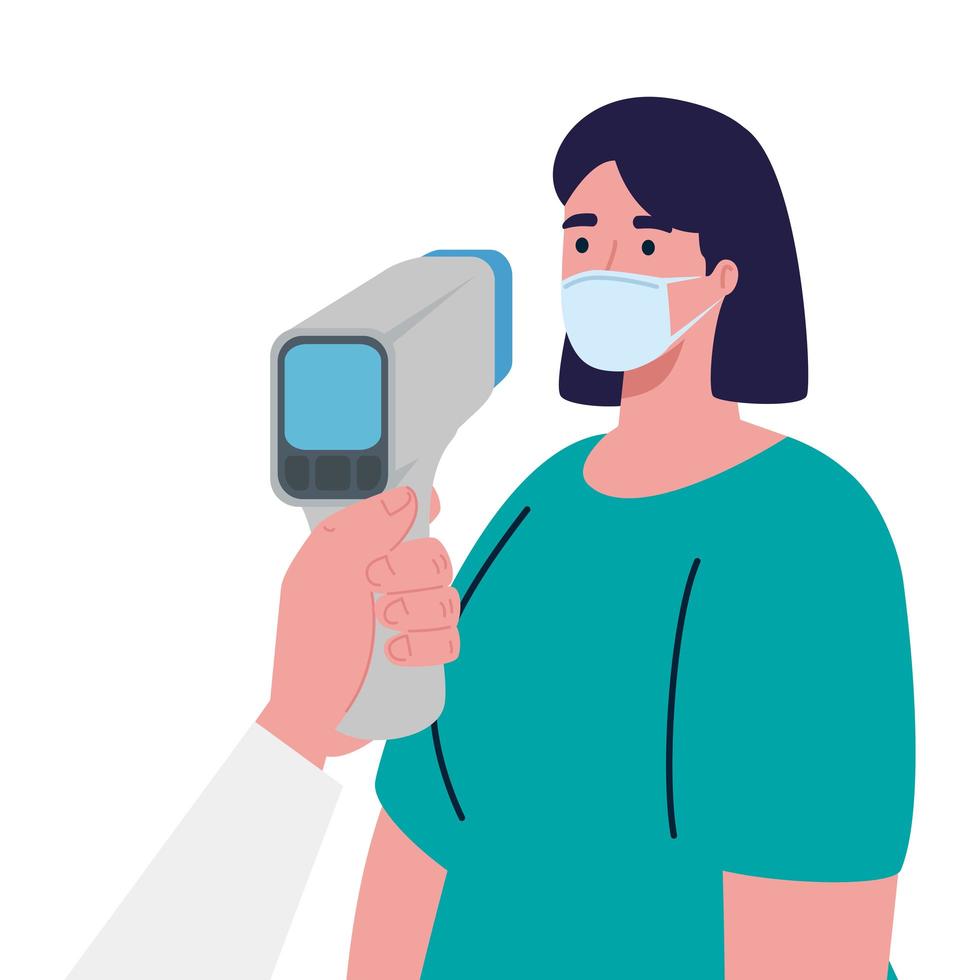 coronavirus Covid 19, main tenant un thermomètre infrarouge pour mesurer la température corporelle, femme vérifier la température vecteur