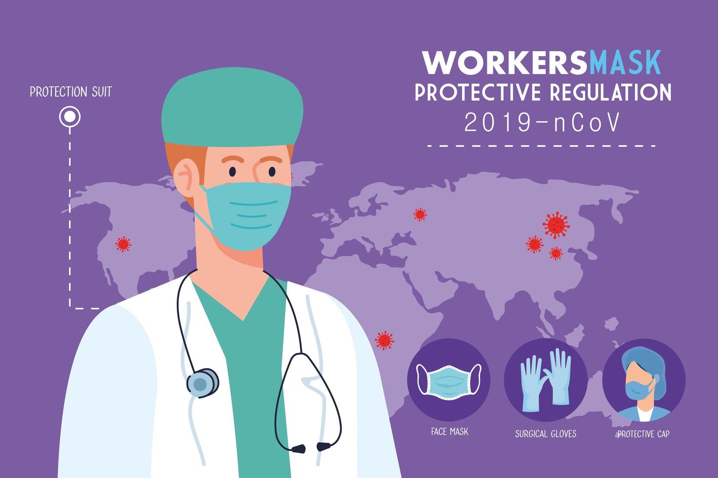 Médecin portant un masque médical contre le ncov 2019, avec prévention de la réglementation protectrice coronavirus, concept de pandémie vecteur