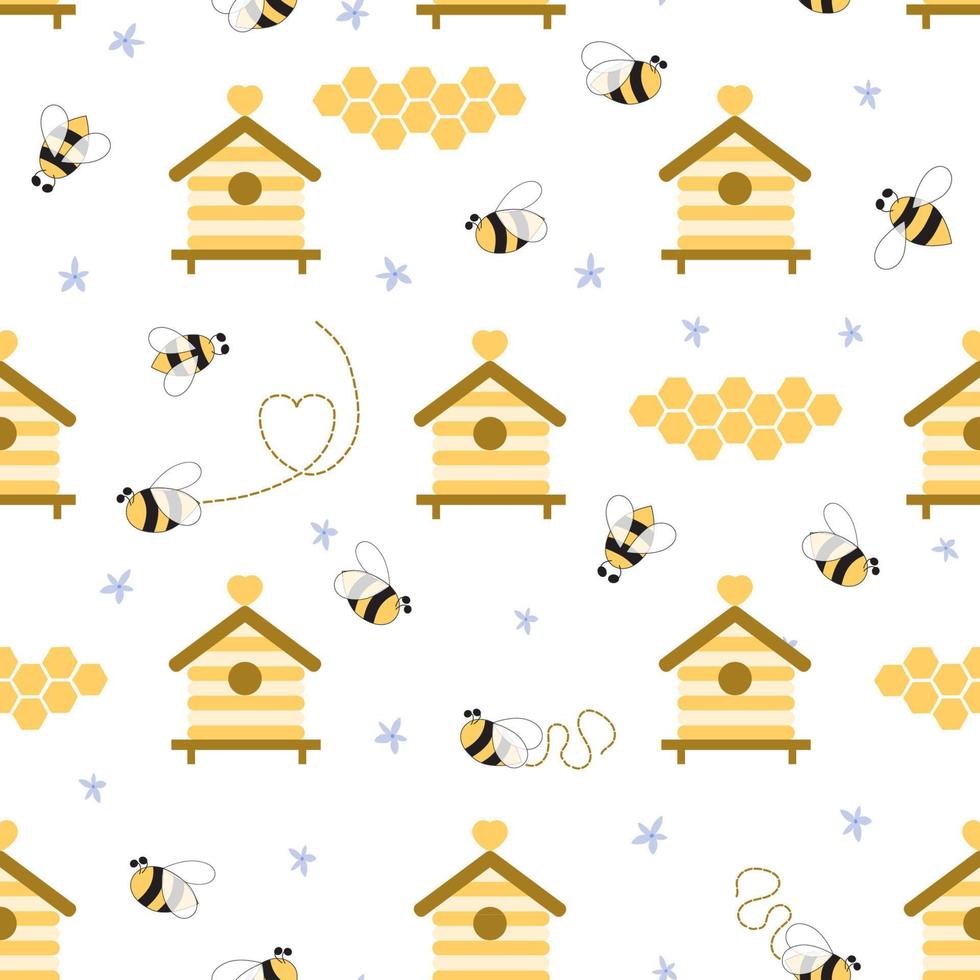 couleurs jaunes de modèle sans couture d'apiculture. fond de ruche de rucher de miel. joli nid d'abeille, abeilles, papier peint de maisons d'abeilles. modèle de conception de miel naturel sucré. illustration de rucher d'aliments biologiques sains. vecteur