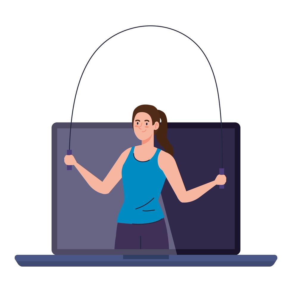 application de remise en forme, d'entraînement et d'entraînement, femme pratiquant le sport à laltop, sport en ligne vecteur