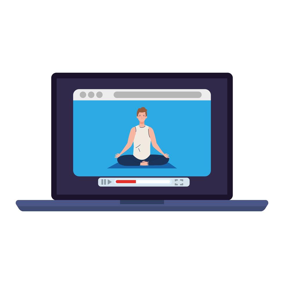 en ligne, concept de yoga, l'homme pratique le yoga et la méditation, regardant une émission sur un ordinateur portable vecteur
