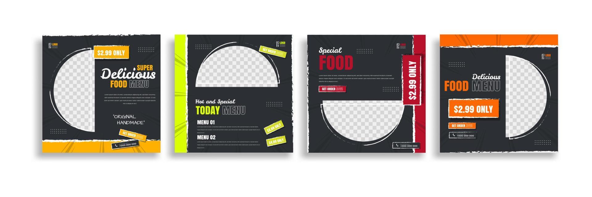 conception de modèle de bannière de publication de médias créatifs sociaux alimentaires. poste alimentaire pour la promotion de votre produit. facile à utiliser. vecteur