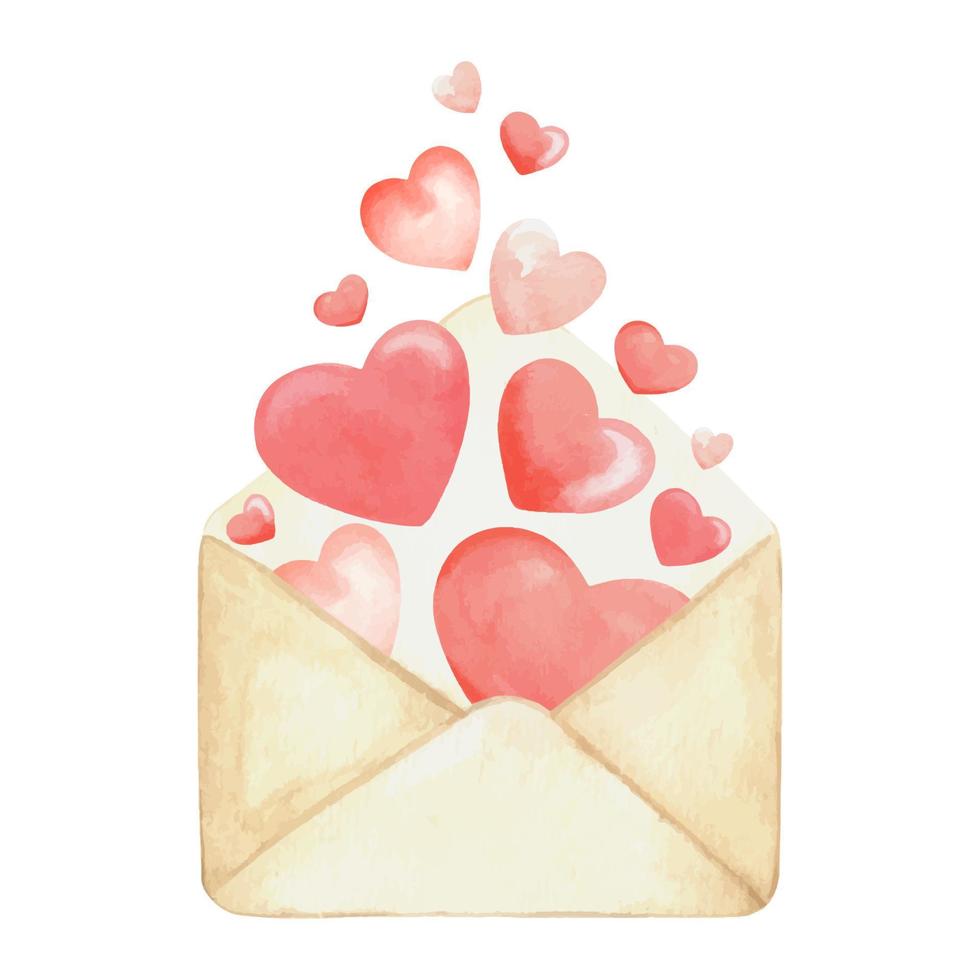 enveloppe postale pour la saint valentin avec des coeurs qui s'envolent. notion de carte de voeux. courrier romantique. illustration isolée aquarelle dessinée à la main sur fond blanc. vecteur